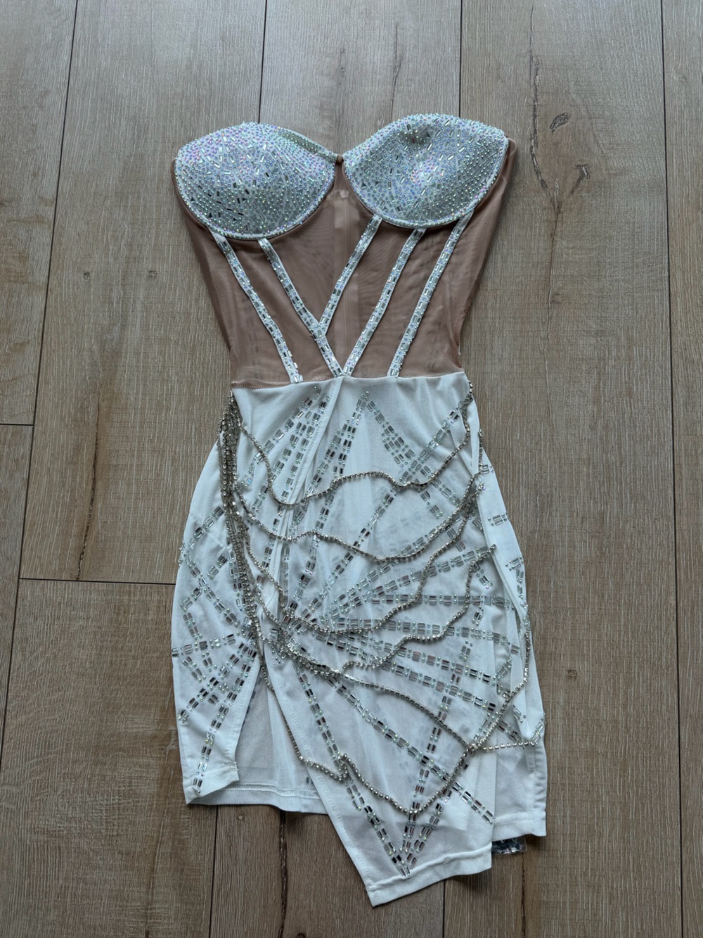 Elegant White and Nude Beaded Evening Dress